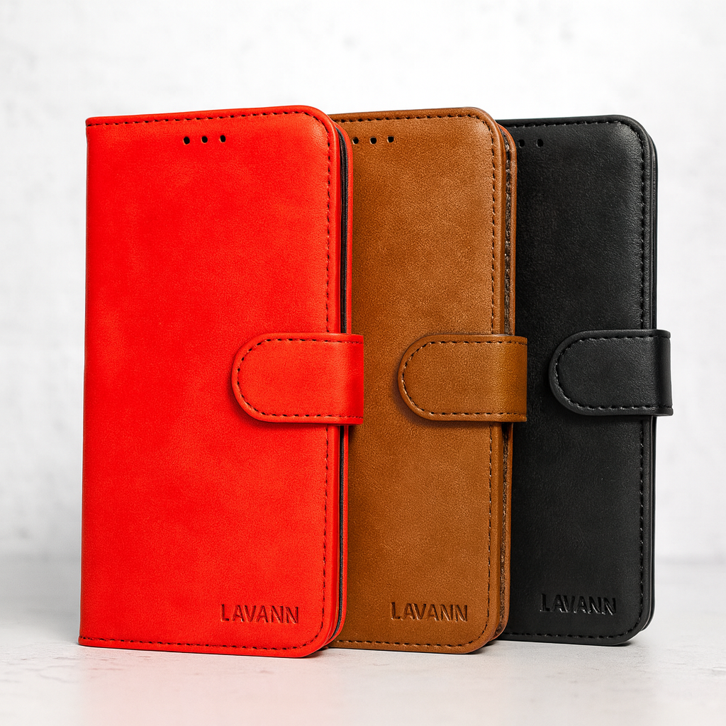 Natural Leather Wallet Book Case Geschikt voor iPhone 17 Pro Max – 3 Pashouders