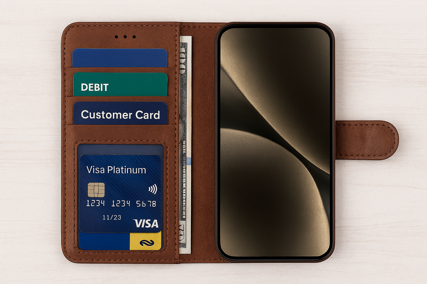 Natural Leather Wallet Book Case Geschikt voor iPhone 17 Pro Max – 3 Pashouders