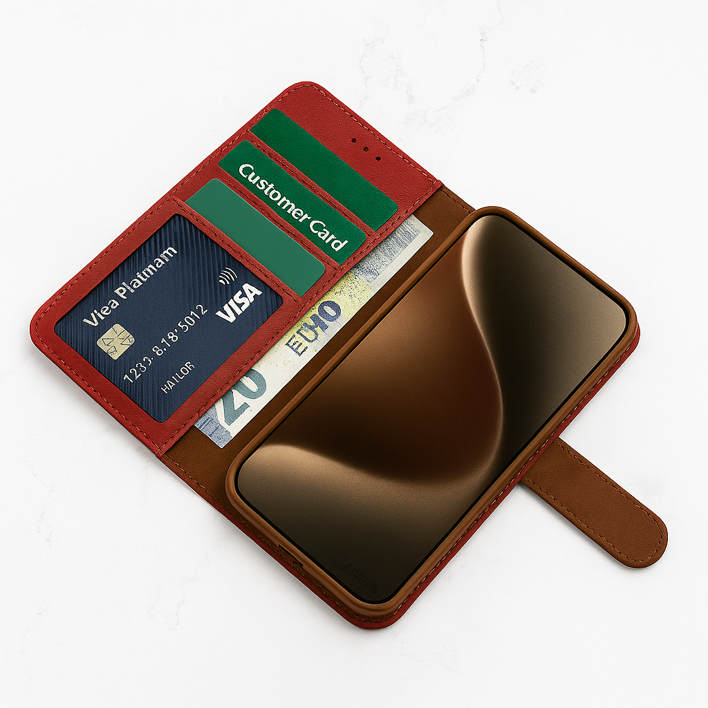 Natural Leather Wallet Book Case Geschikt voor iPhone 17 Pro Max – 3 Pashouders