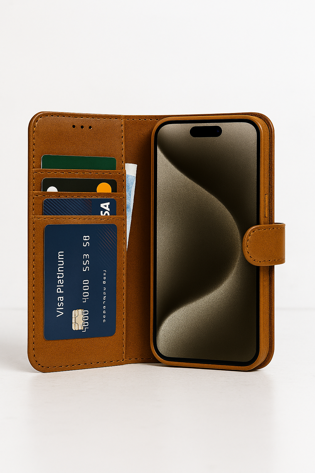 Natural Leather Wallet Book Case Geschikt voor iPhone 17 Pro Max – 3 Pashouders